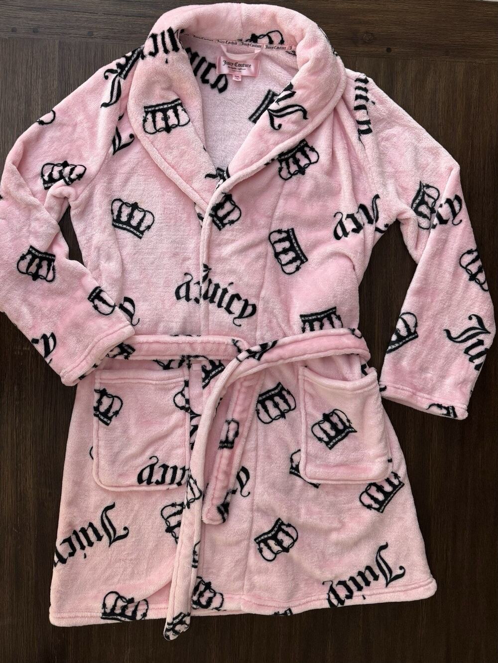 Juicy Couture Bathrobe Women's S/M Pink Black Logo Crown Plush Robe Designer